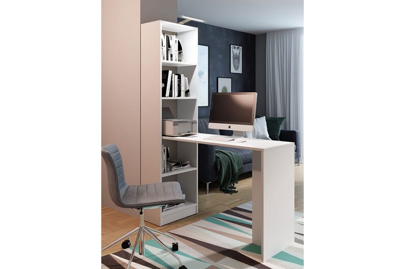Kylien Skrivebord 125cm LED-belysning Opbevaring Bogreol Hvi - Hvid - Møbler - Borde - Kontorbord - Skrivebord
