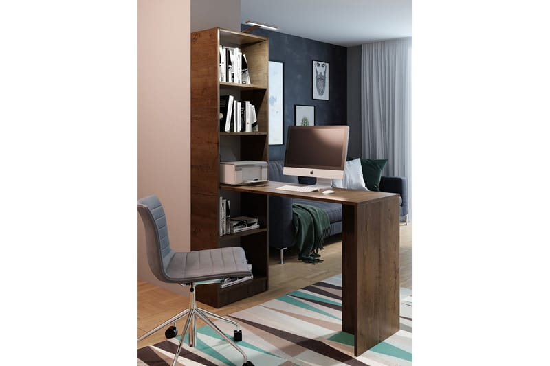 Kylien Skrivebord 125cm LED-belysning Opbevaring Bogreol Hvi - Mørk Ask - Møbler - Borde - Kontorbord - Skrivebord
