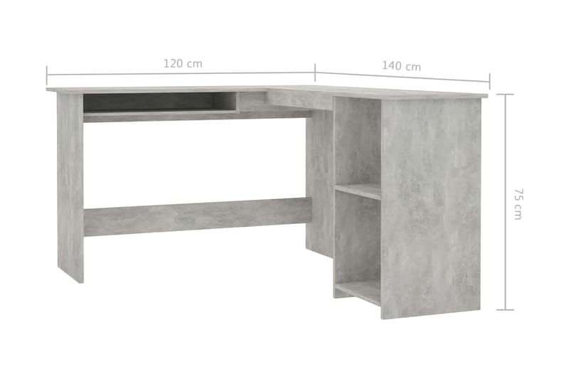 L-formet hjørneskrivebord 120x140x75 cm spånplade betongrå - Grå - Skrivebord