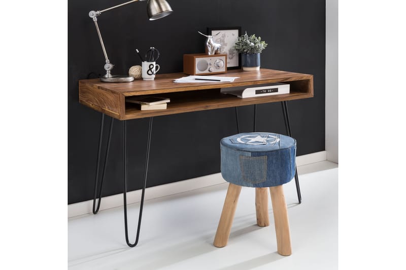 Langner Skrivebord 110 cm med Opbevaring Hylde - Massivt Træ/Sort - Skrivebord