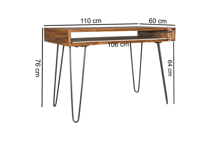 Langner Skrivebord 110 cm med Opbevaring Hylde - Massivt Træ/Sort - Skrivebord