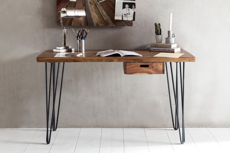 Langner Skrivebord 130 cm med Opbevaring Skuffe - Massivt Træ/Sort - Skrivebord