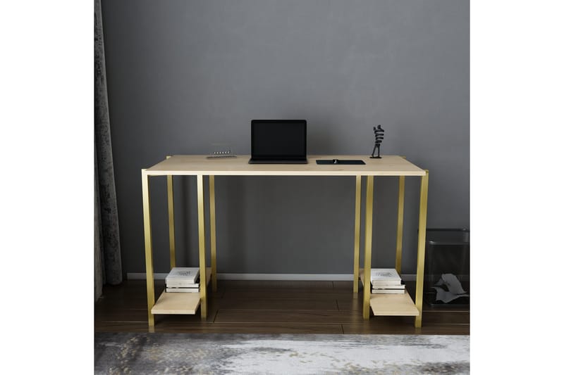 Malem Skrivebord 60x73,8x125,2 cm med opbevaring - Guld/Brun - Møbler - Borde - Kontorbord - Skrivebord