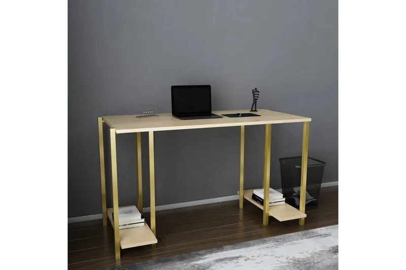 Malem Skrivebord 60x73,8x125,2 cm med opbevaring - Guld/Brun - Møbler - Borde - Kontorbord - Skrivebord