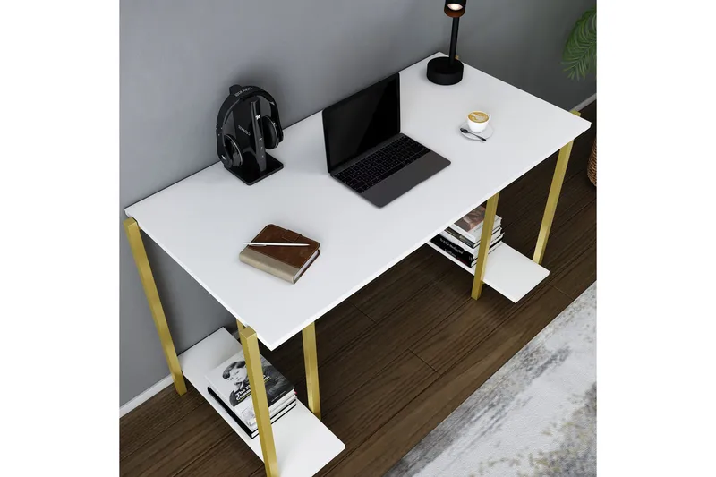 Malem Skrivebord 60x73,8x125,2 cm med opbevaring - Guld/Hvid - Møbler - Borde - Kontorbord - Skrivebord