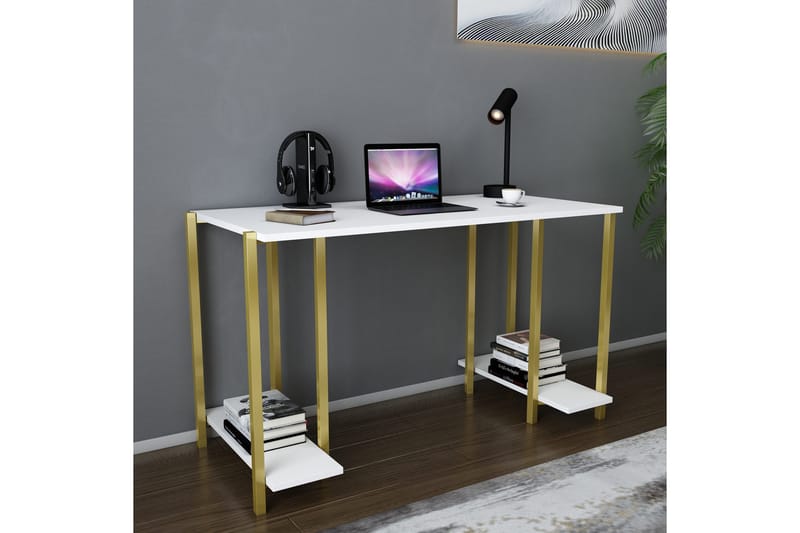 Malem Skrivebord 60x73,8x125,2 cm med opbevaring - Guld/Hvid - Møbler - Borde - Kontorbord - Skrivebord