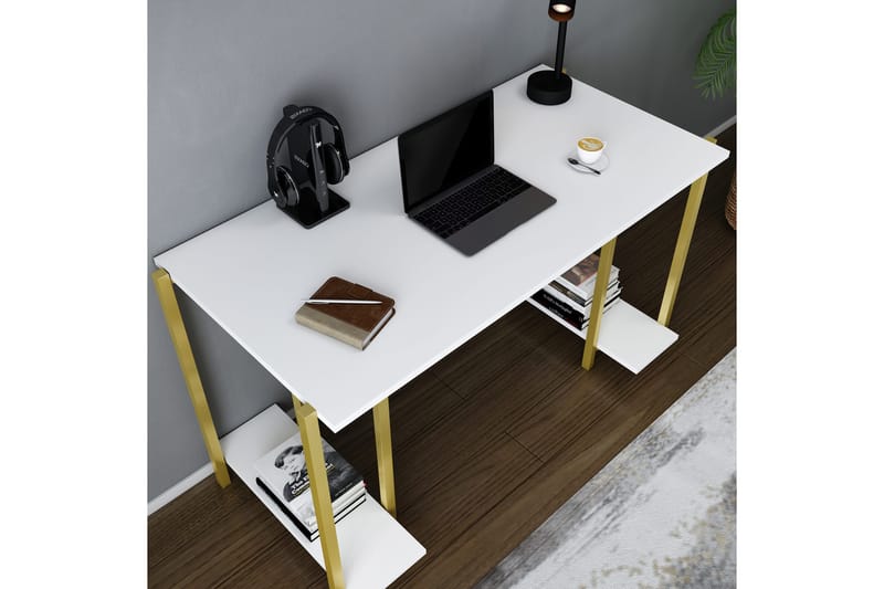 Malem Skrivebord 60x73,8x125,2 cm med opbevaring - Guld/Hvid - Skrivebord