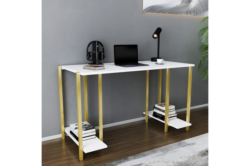 Malem Skrivebord 60x73,8x125,2 cm med opbevaring - Guld/Hvid - Skrivebord