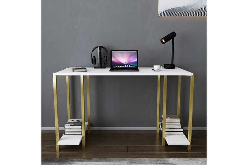 Malem Skrivebord 60x73,8x125,2 cm med opbevaring - Guld/Hvid - Møbler - Borde - Kontorbord - Skrivebord