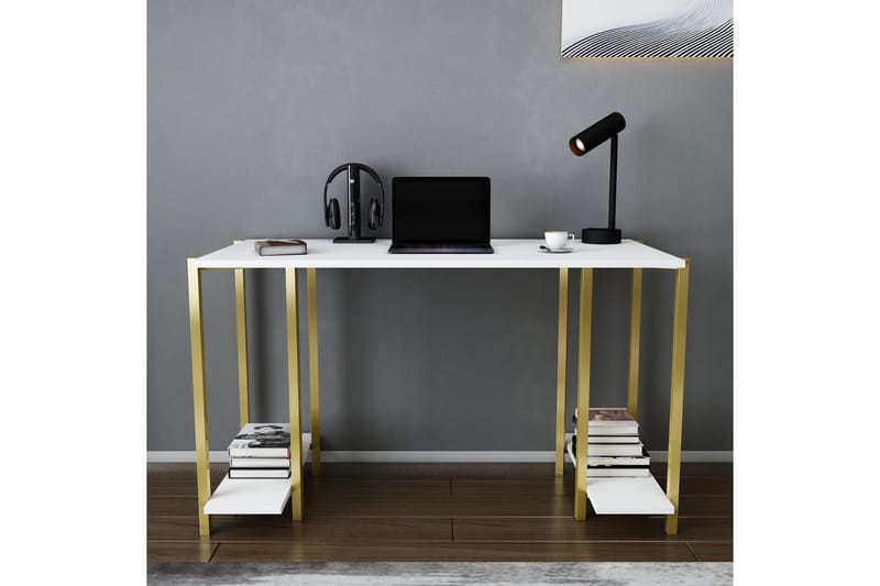 Malem Skrivebord 60x73,8x125,2 cm med opbevaring - Guld/Hvid - Møbler - Borde - Kontorbord - Skrivebord