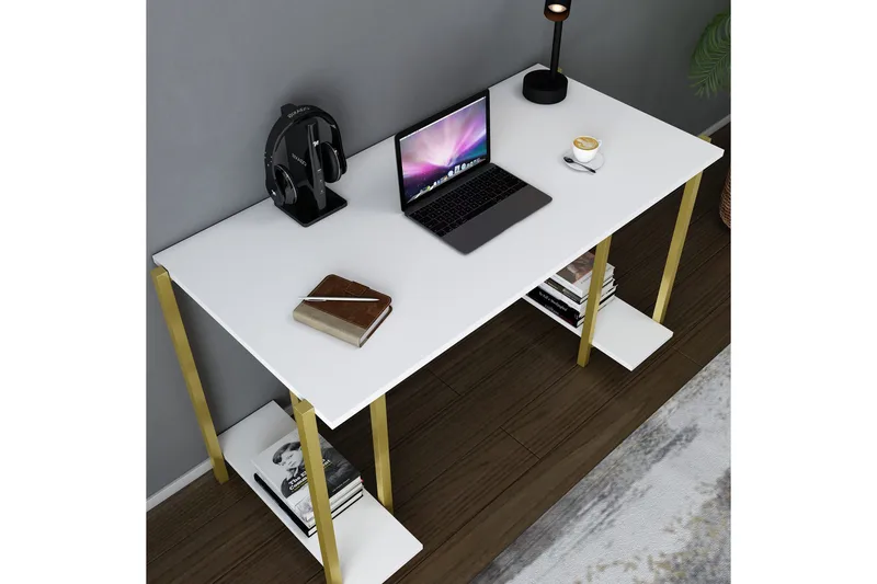 Malem Skrivebord 60x73,8x125,2 cm med opbevaring - Guld/Hvid - Møbler - Borde - Kontorbord - Skrivebord