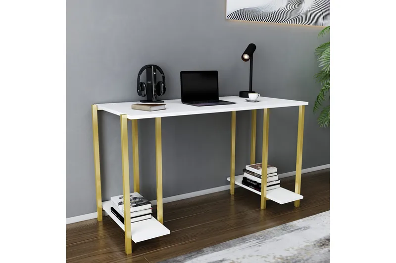 Malem Skrivebord 60x73,8x125,2 cm med opbevaring - Guld/Hvid - Møbler - Borde - Kontorbord - Skrivebord