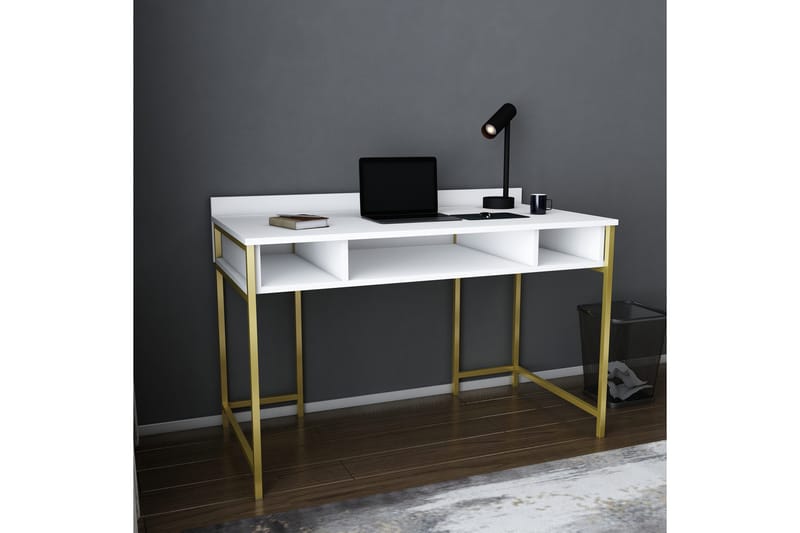 Malem Skrivebord 60x74,8x120 cm med opbevaring - Guld/Hvid - Skrivebord
