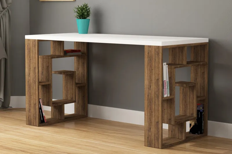 Mazell Skrivebord 140 cm med Opbevaring Hylder - Hvid/Valnøddebrun - Møbler - Borde - Kontorbord - Skrivebord