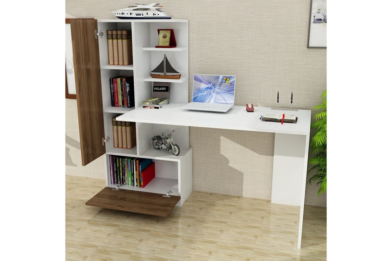 Merinoz Skrivebord 120 cm med Opbevaring Hylder + Skuffe + S - Hvid/Valnøddebrun - Skrivebord