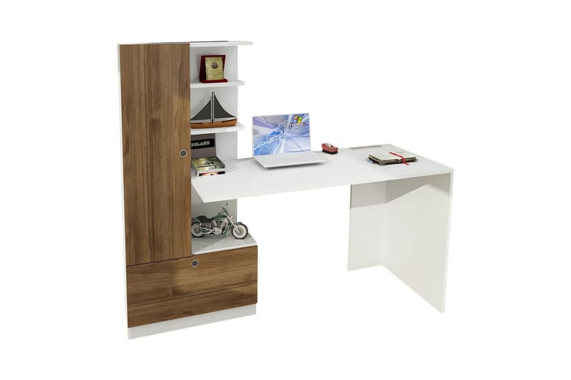 Merinoz Skrivebord 120 cm med Opbevaring Hylder + Skuffe + S - Hvid/Valnøddebrun - Møbler - Borde - Kontorbord - Skrivebord