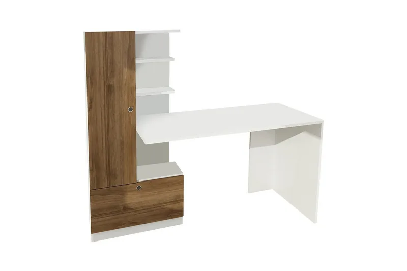 Merinoz Skrivebord 120 cm med Opbevaring Hylder + Skuffe + S, Hvid/Valnøddebrun