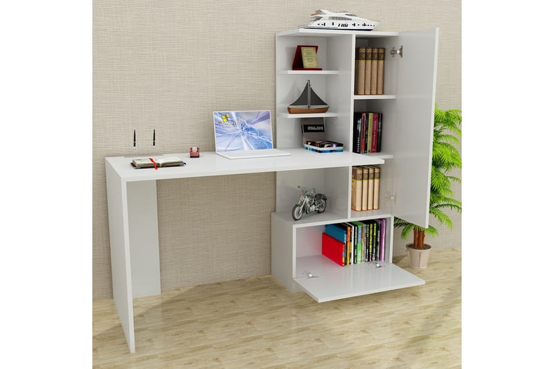 Merinoz Skrivebord 150 cm med Opbevaring Hylder + Skuffe + S - Hvid - Skrivebord