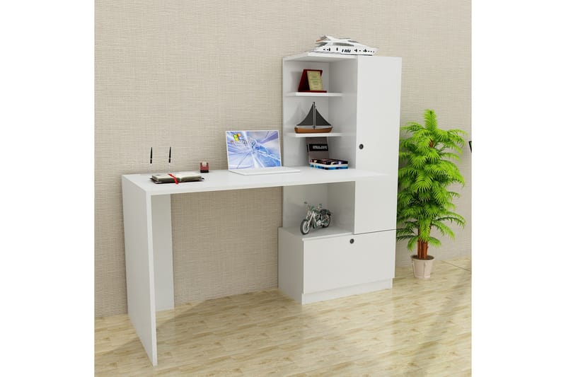 Merinoz Skrivebord 150 cm med Opbevaring Hylder + Skuffe + S - Hvid - Møbler - Borde - Kontorbord - Skrivebord