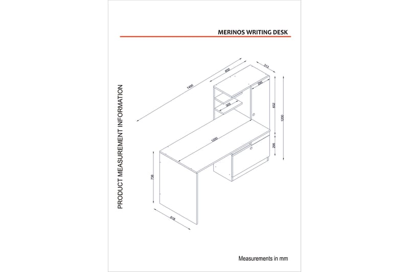 Merinoz Skrivebord 150 cm med Opbevaring Hylder + Skuffe + S - Hvid - Skrivebord