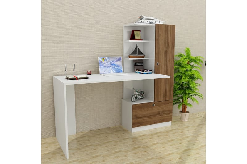 Merinoz Skrivebord 150 cm med Opbevaring Hylder + Skuffe + S - Hvid/Valnøddebrun - Skrivebord