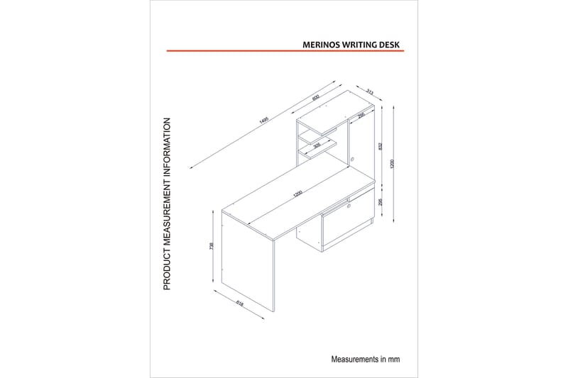 Merinoz Skrivebord 150 cm med Opbevaring Hylder + Skuffe + S - Hvid/Valnøddebrun - Møbler - Borde - Kontorbord - Skrivebord