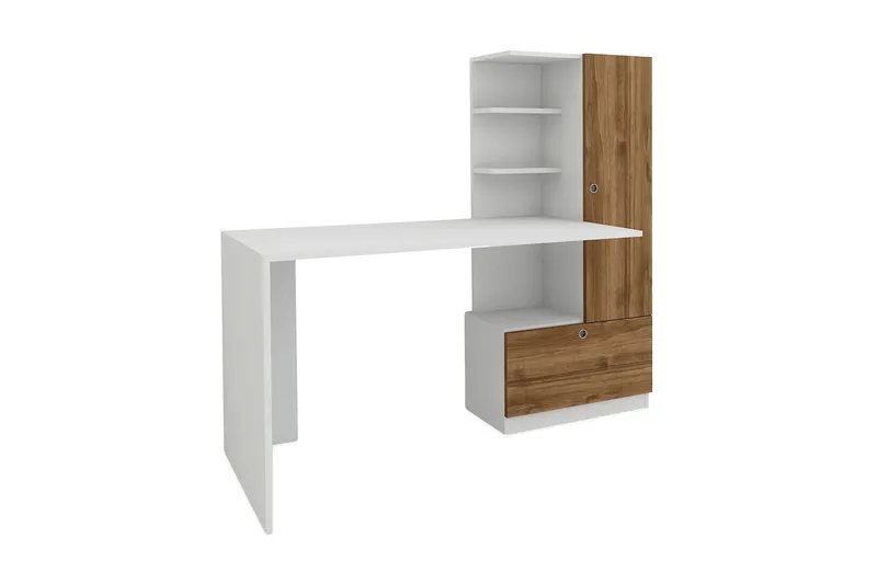 Merinoz Skrivebord 150 cm med Opbevaring Hylder + Skuffe + S, Hvid/Valnøddebrun