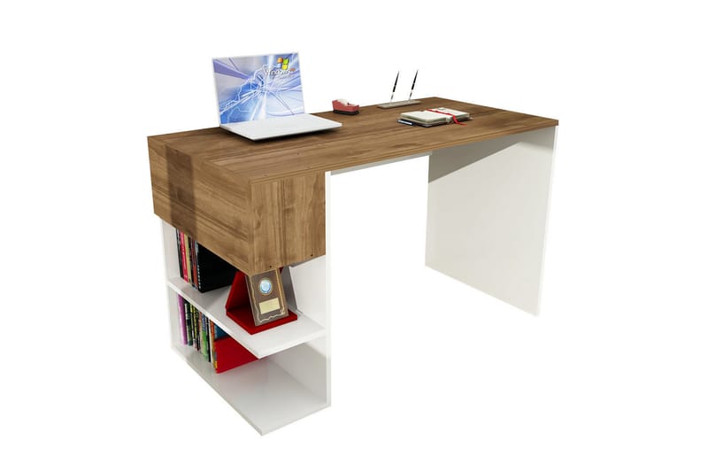 Merinoz Skrivebord 21 cm med Opbevaring Hylder+Låge - Hvid/Valnøddebrun - Skrivebord
