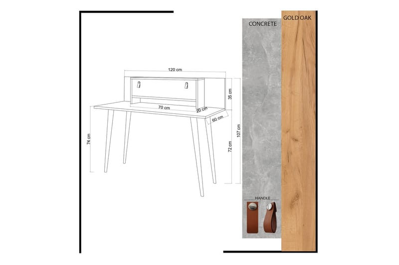 Mod Design Skrivebord 120cm med Opbevaring Hylde+Låge Læderb - Træ/Hvid - Skrivebord