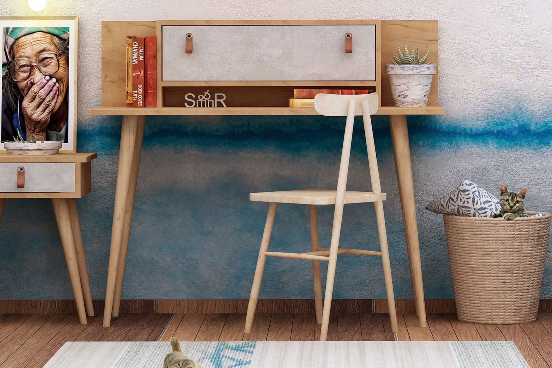 Mod Design Skrivebord 120cm med Opbevaring Hylde+Låge Læderb - Træ/Hvid - Møbler - Borde - Kontorbord - Skrivebord