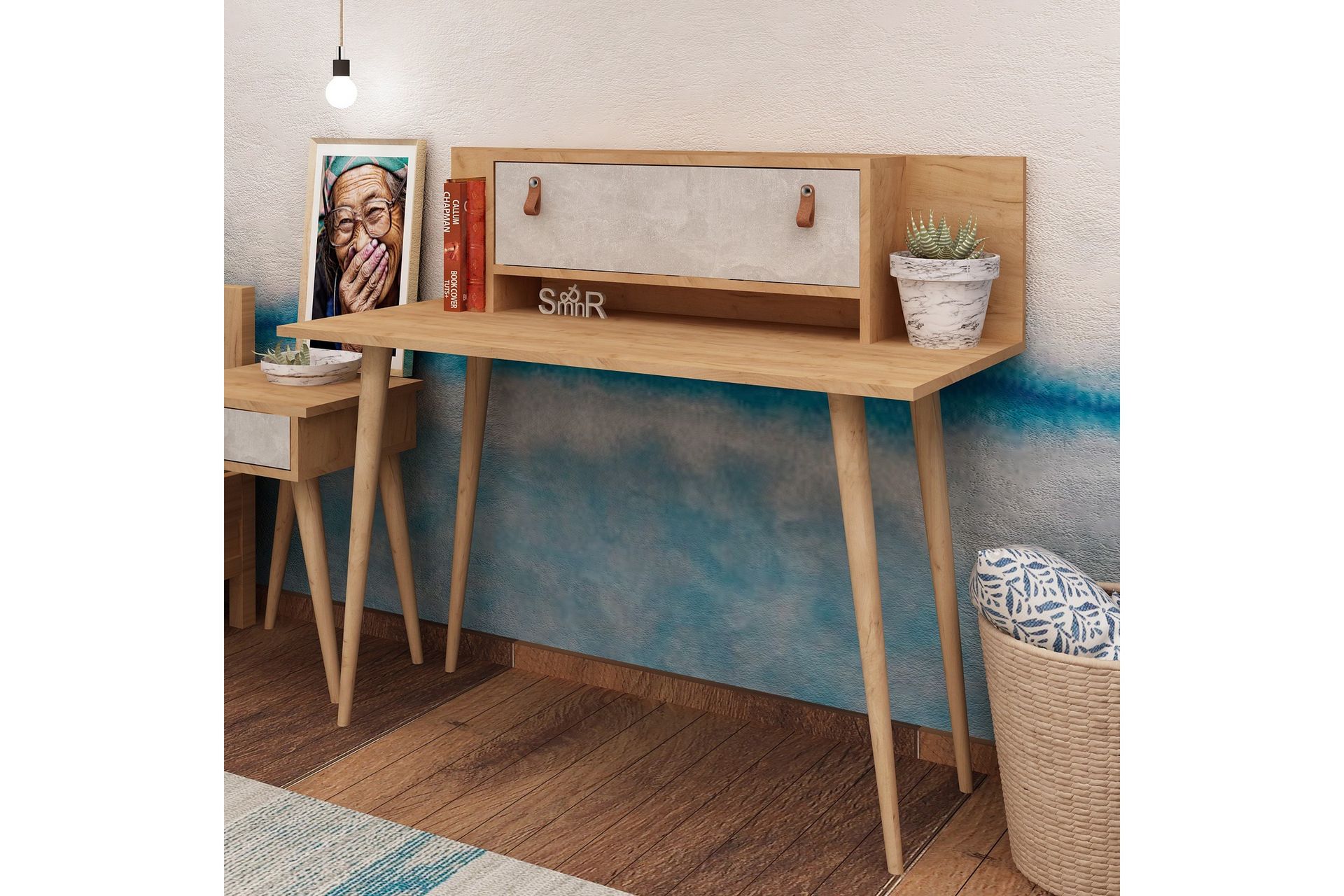 Mod Design Skrivebord 120cm med Opbevaring Hylde+Låge Læderb - Træ/Hvid - Møbler - Borde - Kontorbord - Skrivebord