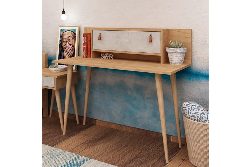 Mod Design Skrivebord 120cm med Opbevaring Hylde+Låge Læderb - Træ/Hvid - Møbler - Borde - Kontorbord - Skrivebord