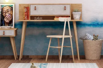 Mod Design Skrivebord 120cm med Opbevaring Hylde+Låge Læderb - Træ/Hvid - Møbler - Borde - Kontorbord - Skrivebord