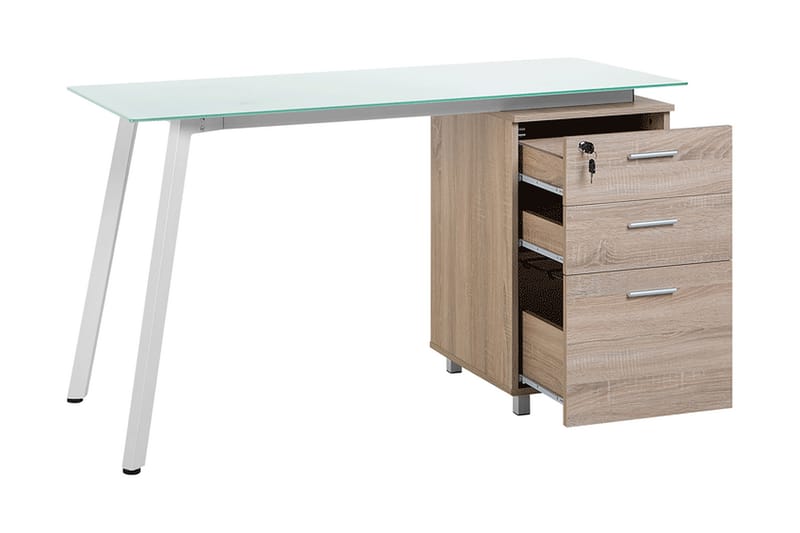 Montevideo Skrivebord 130 cm med Opbevaring 3 Skuffer - Hvid/Lysebrun - Skrivebord