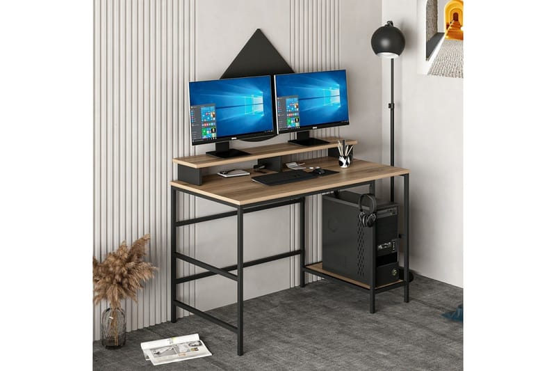 Nafe Skrivebord 120 cm med Hylder i Træ med Metalstel - Brun - Møbler - Borde - Kontorbord - Skrivebord