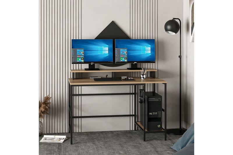 Nafe Skrivebord 120 cm med Hylder i Træ med Metalstel - Brun - Møbler - Borde - Kontorbord - Skrivebord