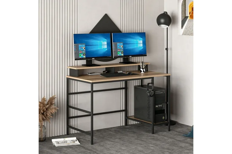 Nafe Skrivebord 120 cm med Hylder i Træ med Metalstel, Brun