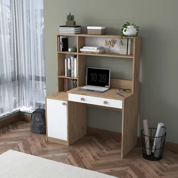 Skrivebord og bogreol Wallxpert Cleo Hylde (115 x 146 x 50 cm) Valnød hvid - Valnød og hvid - Møbler - Borde - Kontorbord - Skrivebord