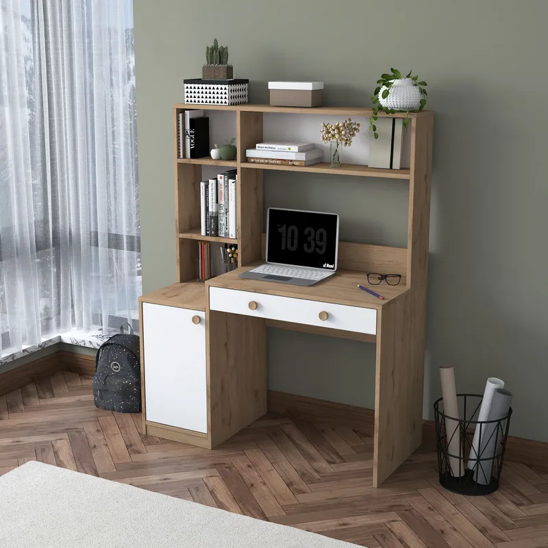 Skrivebord og bogreol Wallxpert Cleo Hylde (115 x 146 x 50 cm) Valnød hvid - Valnød og hvid - Møbler - Borde - Kontorbord - Skrivebord
