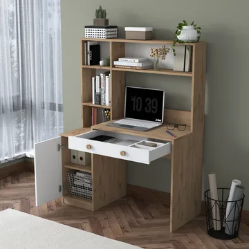 Skrivebord og bogreol Wallxpert Cleo Hylde (115 x 146 x 50 cm) Valnød hvid - Valnød og hvid - Møbler - Borde - Kontorbord - Skrivebord