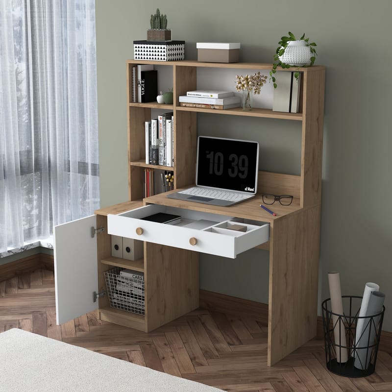 Skrivebord og bogreol Wallxpert Cleo Hylde (115 x 146 x 50 cm) Valnød hvid - Valnød og hvid - Møbler - Borde - Kontorbord - Skrivebord