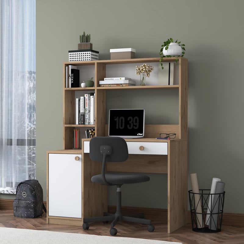 Skrivebord og bogreol Wallxpert Cleo Hylde (115 x 146 x 50 cm) Valnød hvid - Valnød og hvid - Møbler - Borde - Kontorbord - Skrivebord