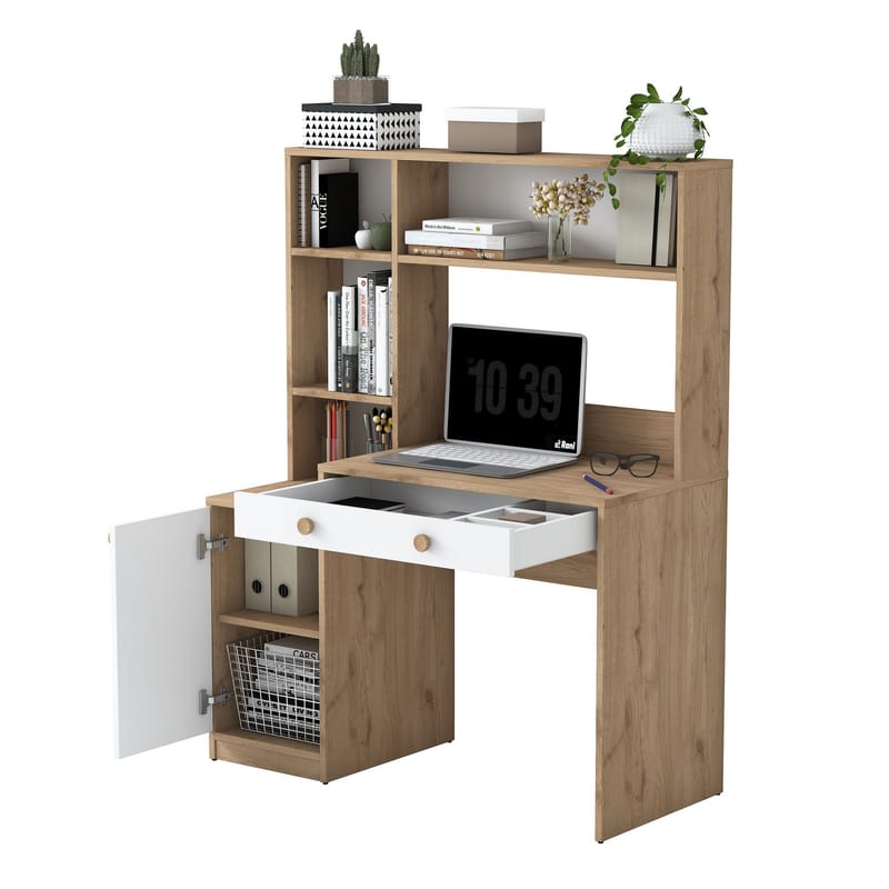 Skrivebord og bogreol Wallxpert Cleo Hylde (115 x 146 x 50 cm) Valnød hvid - Valnød og hvid - Møbler - Borde - Kontorbord - Skrivebord
