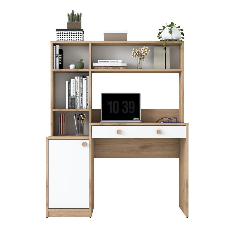 Skrivebord og bogreol Wallxpert Cleo Hylde (115 x 146 x 50 cm) Valnød hvid - Valnød og hvid - Møbler - Borde - Kontorbord - Skrivebord