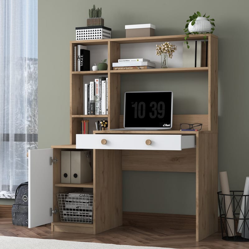 Skrivebord og bogreol Wallxpert Cleo Hylde (115 x 146 x 50 cm) Valnød hvid - Valnød og hvid - Møbler - Borde - Kontorbord - Skrivebord