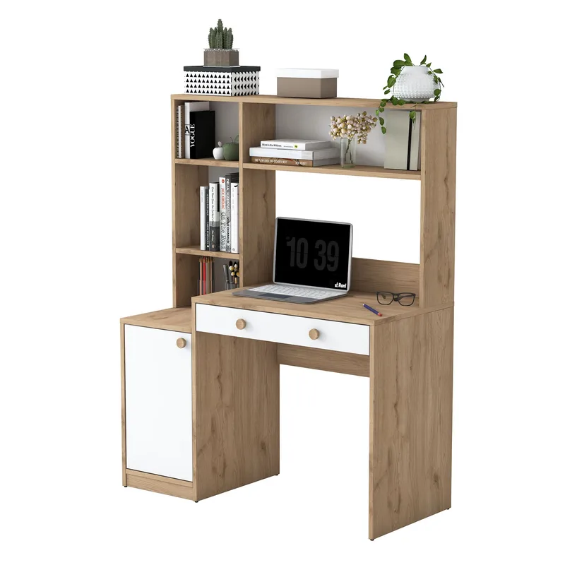 Skrivebord og bogreol Wallxpert Cleo Hylde (115 x 146 x 50 cm) Valnød hvid, Valnød og hvid