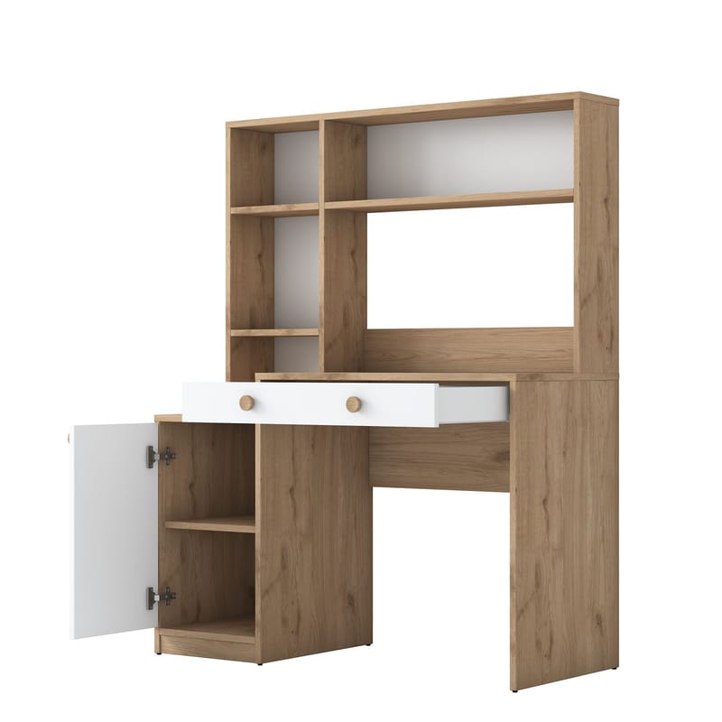 Skrivebord og bogreol Wallxpert Cleo Hylde (115 x 146 x 50 cm) Valnød hvid - Valnød og hvid - Møbler - Borde - Kontorbord - Skrivebord