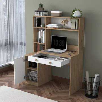 Skrivebord og bogreol Wallxpert Cleo Hylde (115 x 146 x 50 cm) Valnød hvid - Valnød og hvid - Møbler - Borde - Kontorbord - Skrivebord