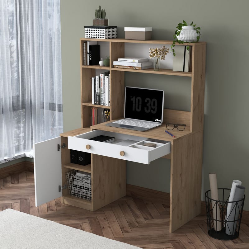 Skrivebord og bogreol Wallxpert Cleo Hylde (115 x 146 x 50 cm) Valnød hvid - Valnød og hvid - Møbler - Borde - Kontorbord - Skrivebord