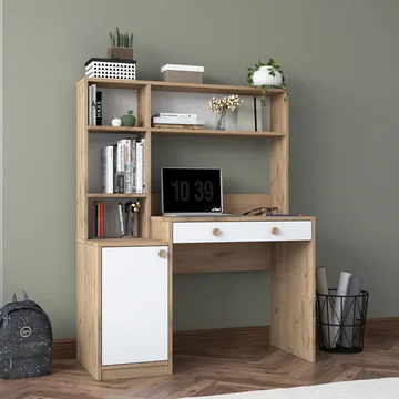 Skrivebord og bogreol Wallxpert Cleo Hylde (115 x 146 x 50 cm) Valnød hvid - Valnød og hvid - Møbler - Borde - Kontorbord - Skrivebord